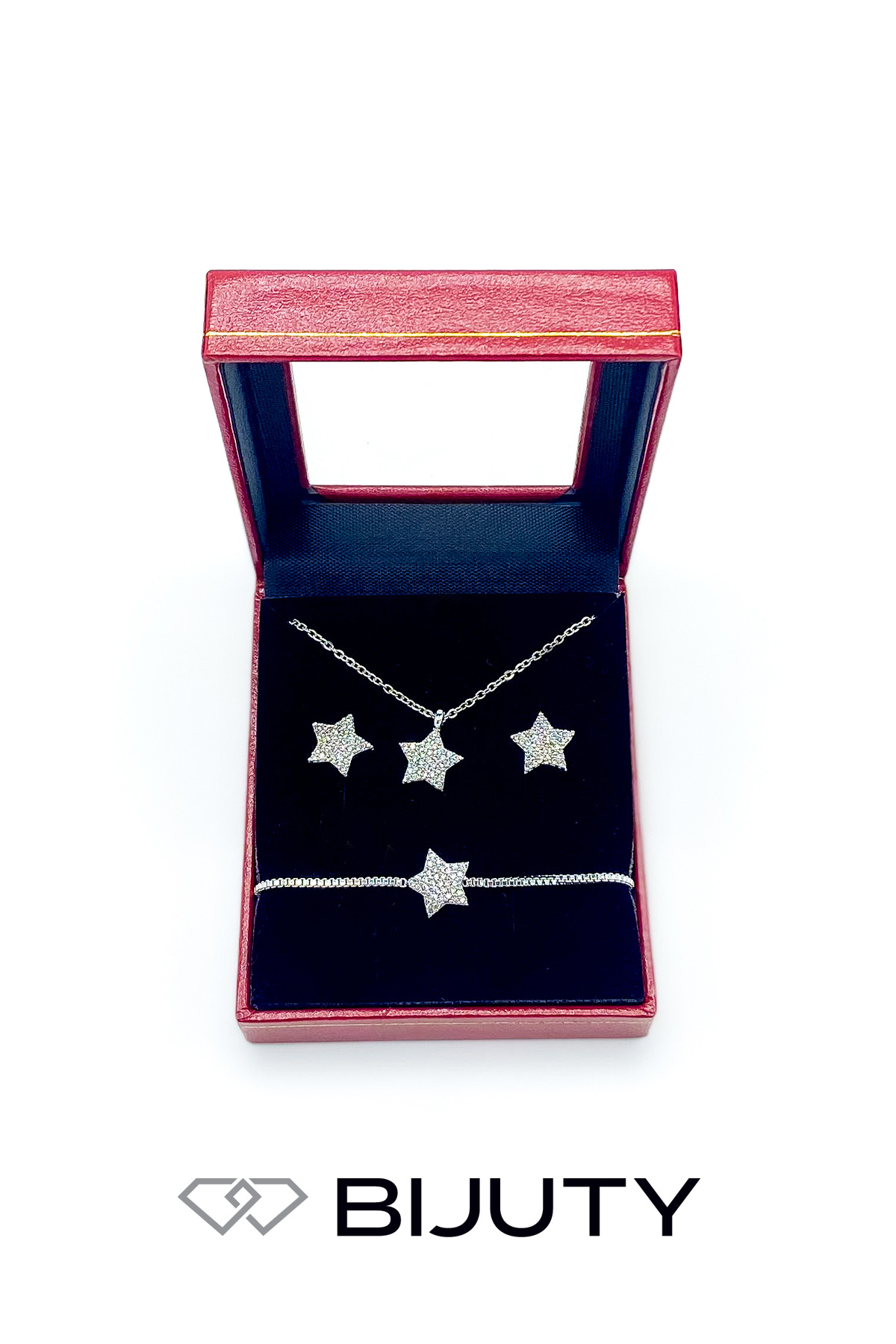 Bijuty Kadın Yıldız Çelik Zincirli Kolye - Küpe - Bileklik - Gümüş Renk - 3'lü Set - (SÜRPRİZ HEDİYELİ)