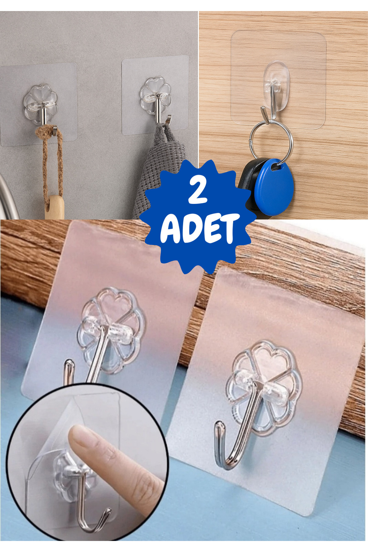 BRE HOME 2 Adet Ultra Güçlü Şeffaf Yapışkanlı Askı –Duvar Kancası – Mutfak, Banyo, Kapı, Dolap ve Havlu Askı