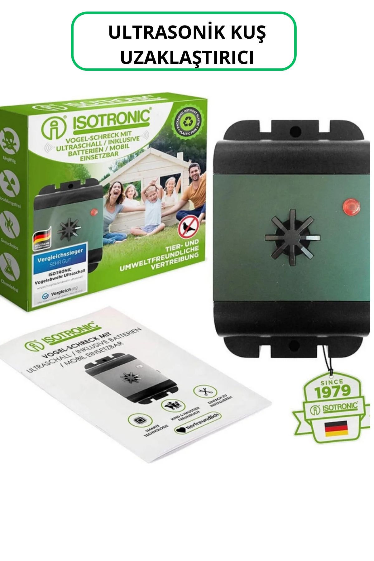 İsotronic Pilli Mobil Kuş Uzaklaştırıcı – Ultrasonik, 40 m² Alan (İlk Piller Dahil)