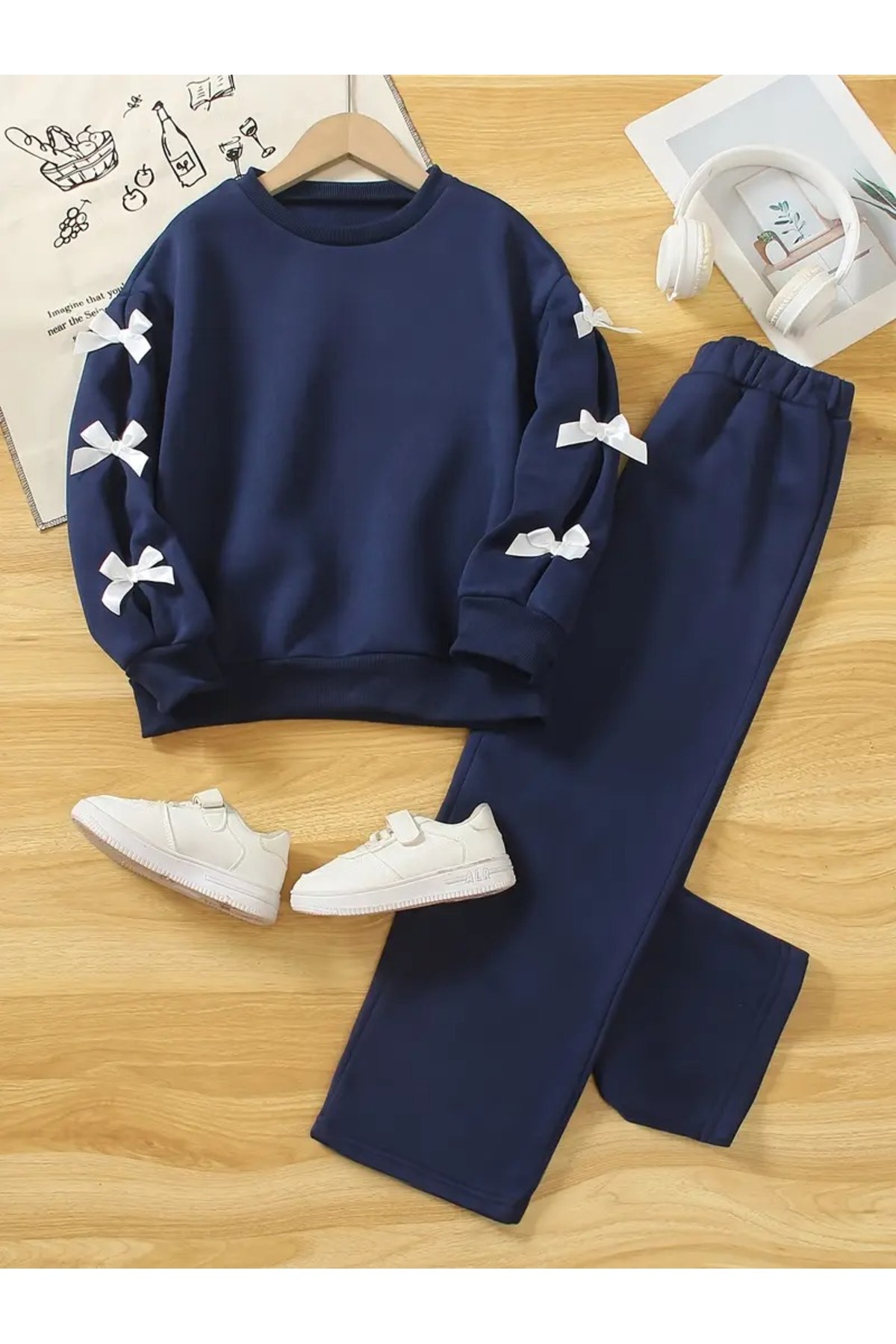MORNİNG KİDS Kız Çocuk Lacivert Kurdele Detaylı Sweatshirt-Bol Kesim Eşofman Takım