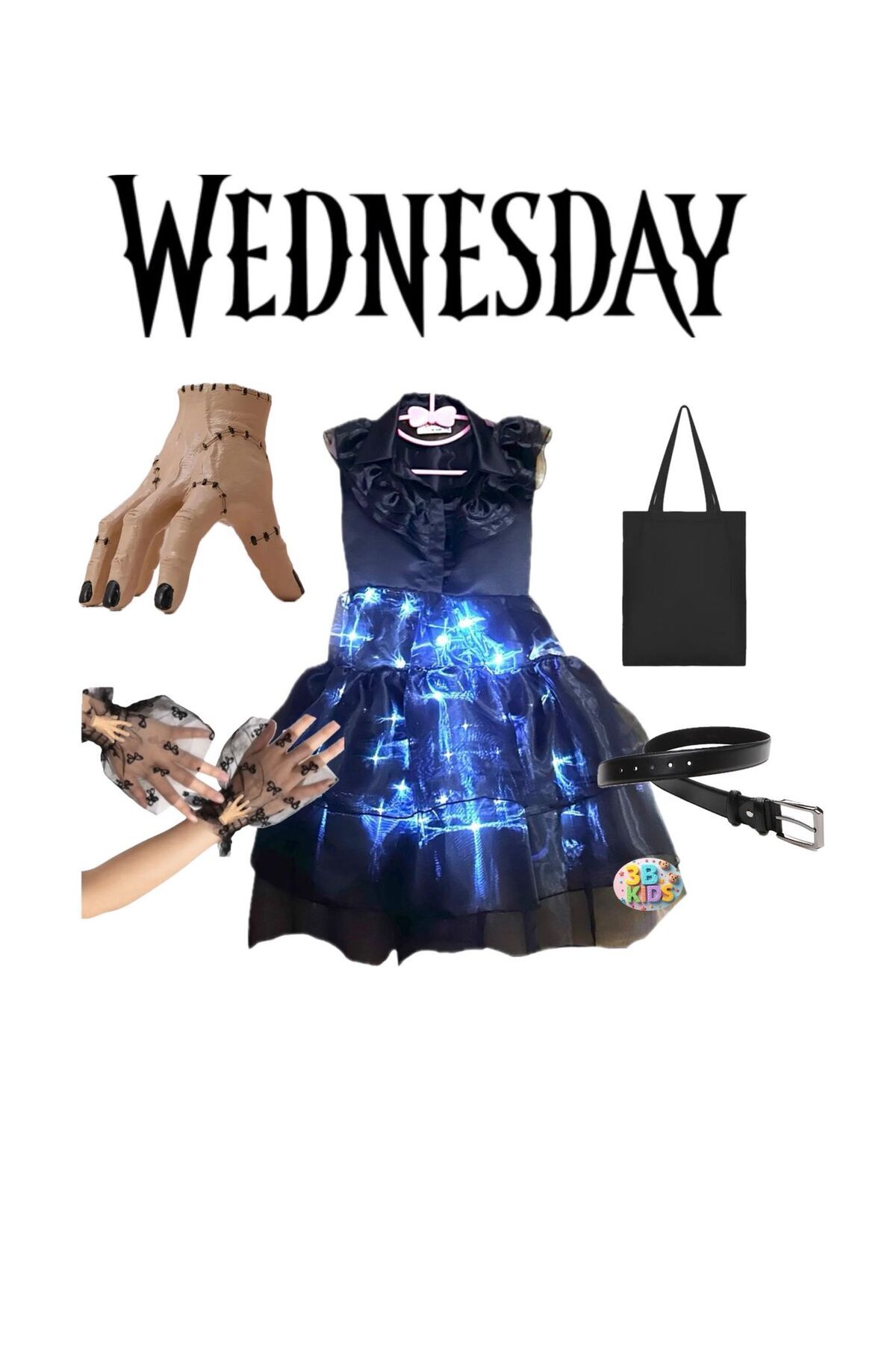 3b kids ışıklı wednesday kostüm elbise + çanta +el +tü eldiven +kemer parti doğum günü seti fotoğrafı 2 (önizleme)