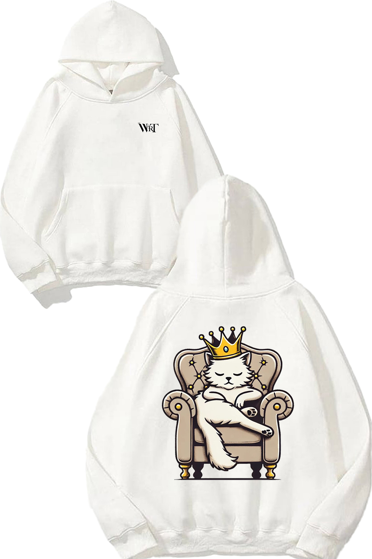 THEWERT King Cat Design Back Printed White Hooded Sweatshirt
