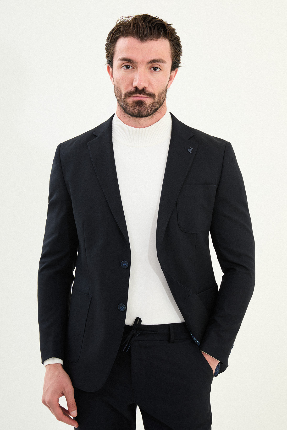 Düz Slim Fit Torba Cep Beli Lastikli İpli Yün Erkek Takım Elbise Lacivert - 45417.25K — رنگارنگ