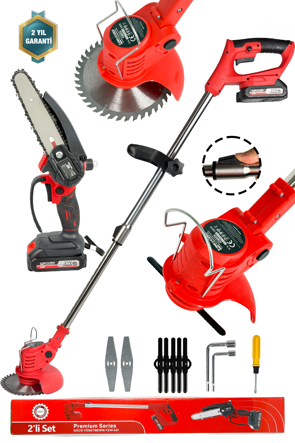 KİMMEER PLUS 2'Li Set 21v Çift Akü Uzatmalı Kollu Çalı Ot Biçme