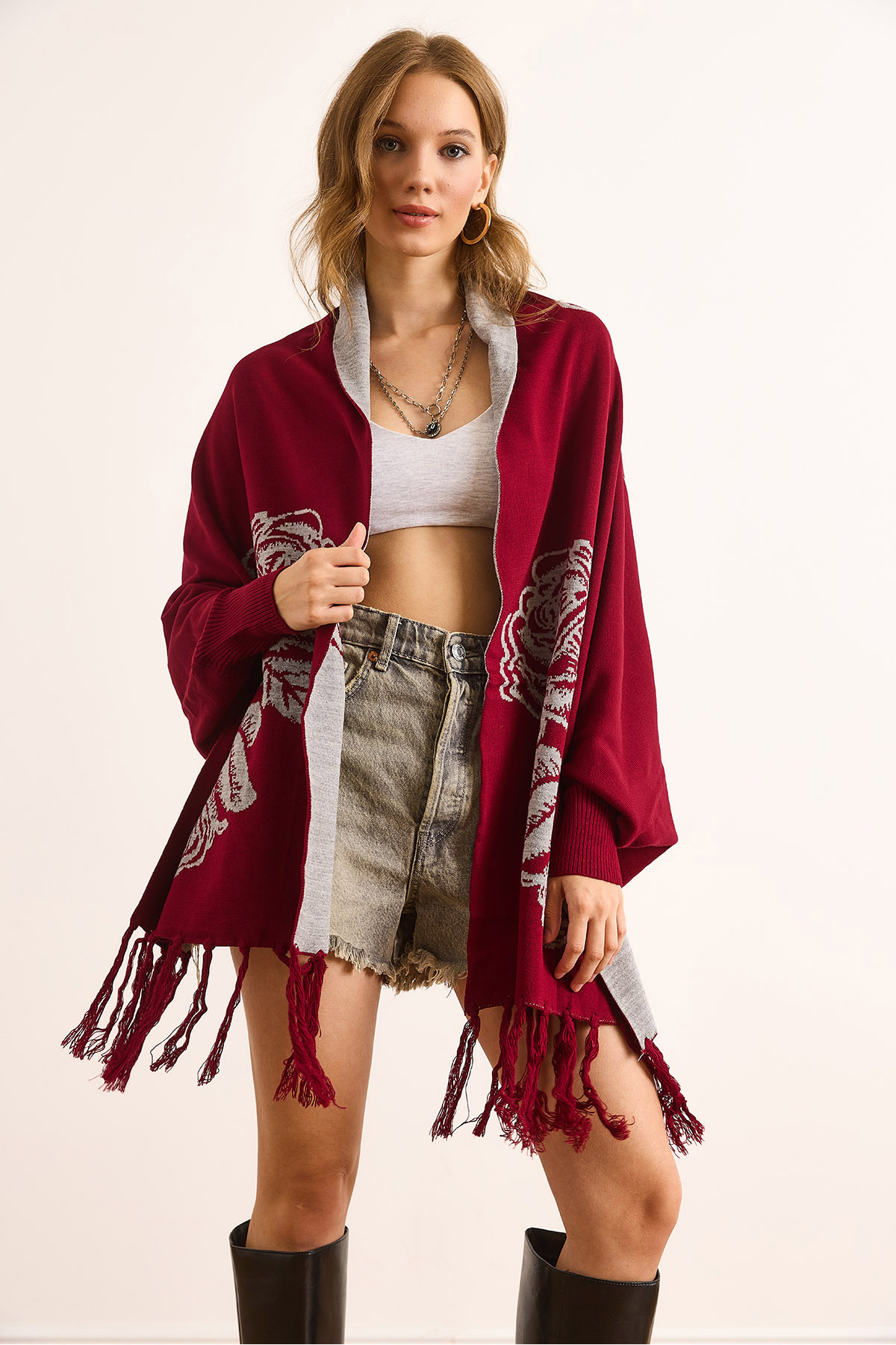 Olalook Kadın Bordo Gül Desenli Saçaklı Panço Hırka HRK-19000383 görsel 6