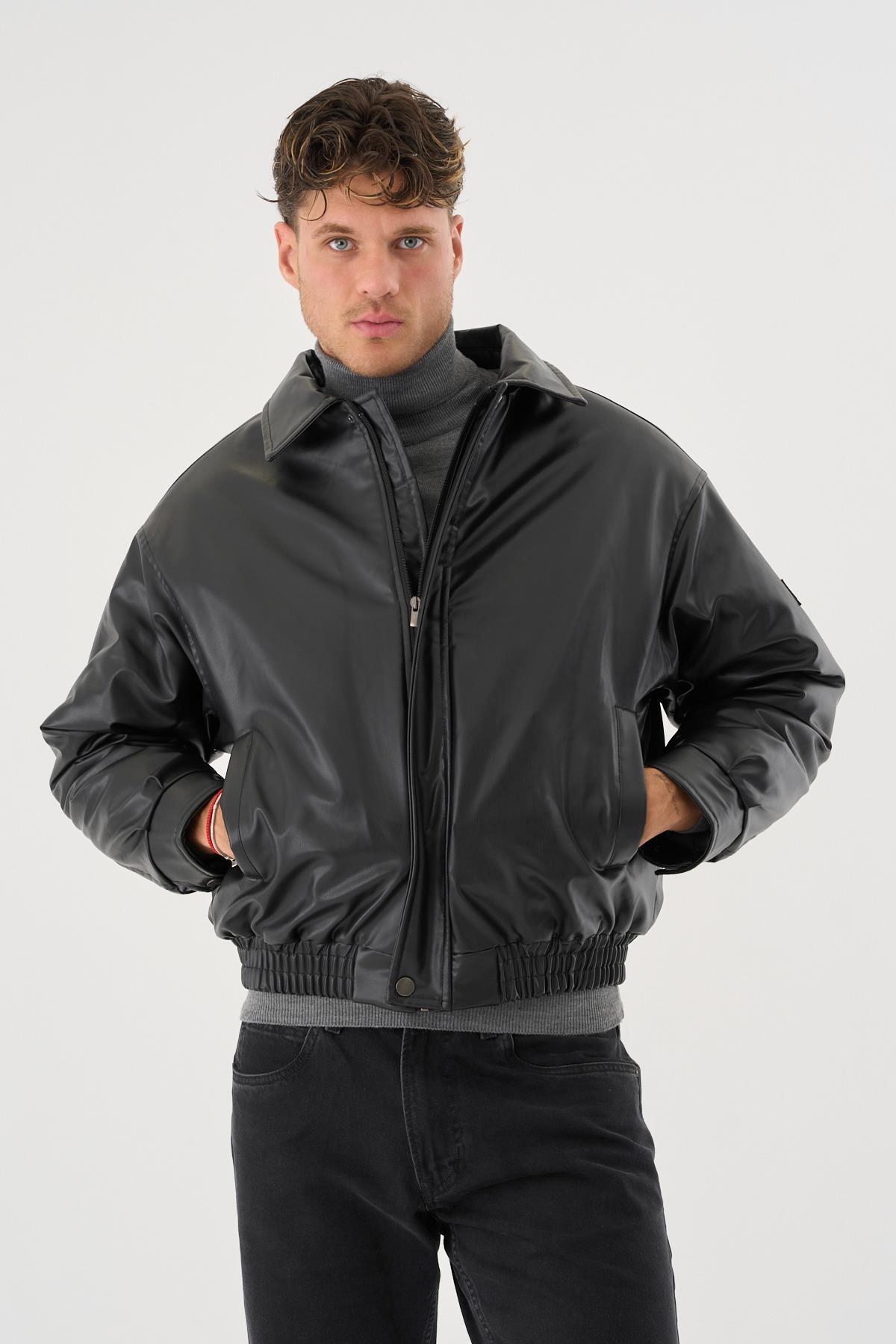 Erkek Siyah Deri Oversize Basic Mont & Ceket görsel 3