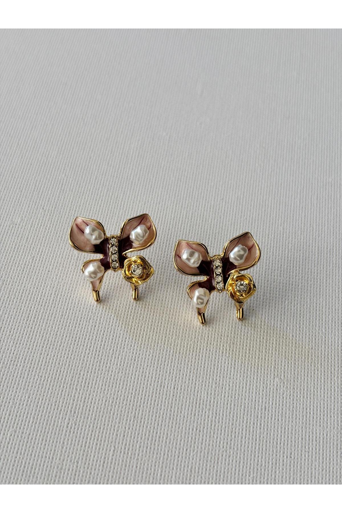 Women's Butterfly Model Pearl Gemstone Earrings