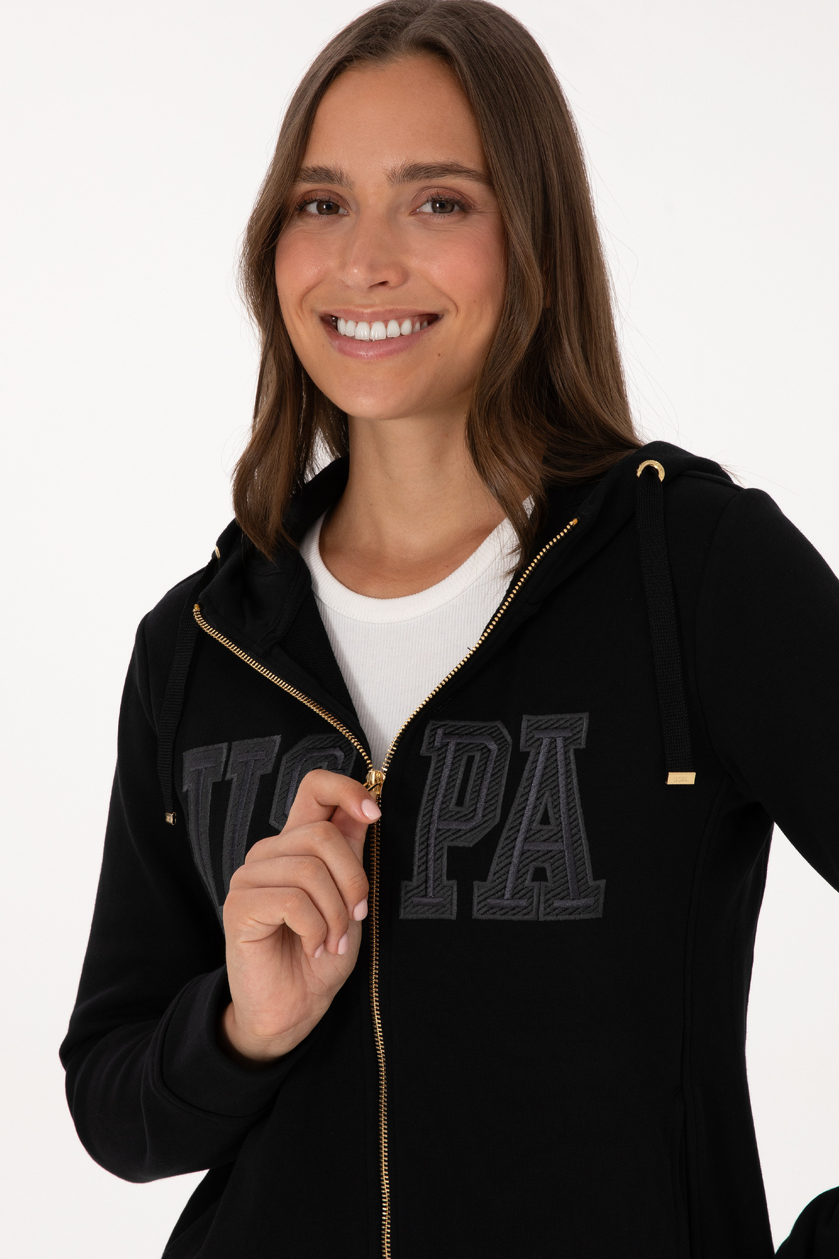 U.S. Polo Assn.  Kadın Siyah Fermuarlı Kapüşonlu Basic Sweatshirt 50307769-VR046 - Görsel 2