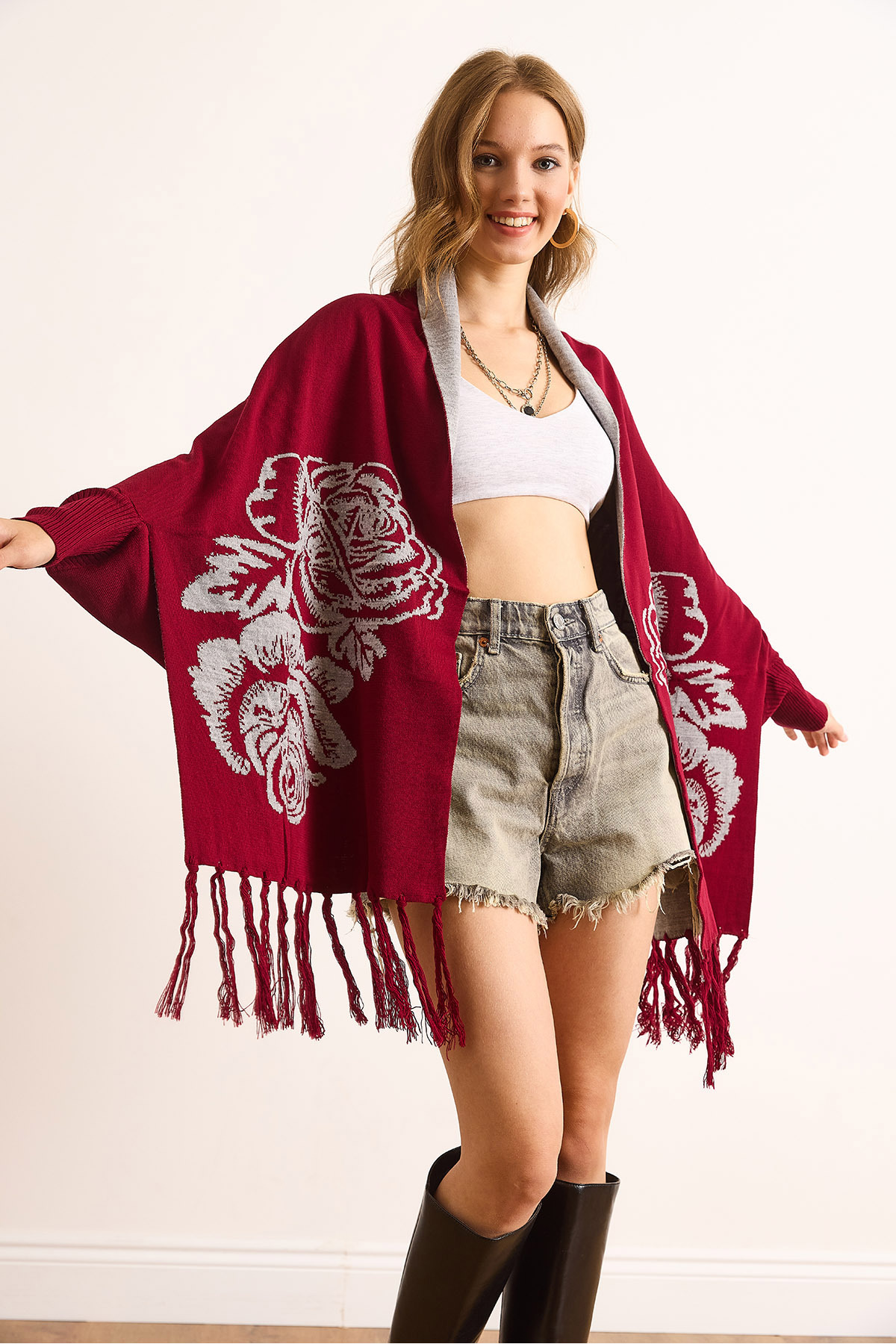Olalook Kadın Bordo Gül Desenli Saçaklı Panço Hırka HRK-19000383 görsel 3