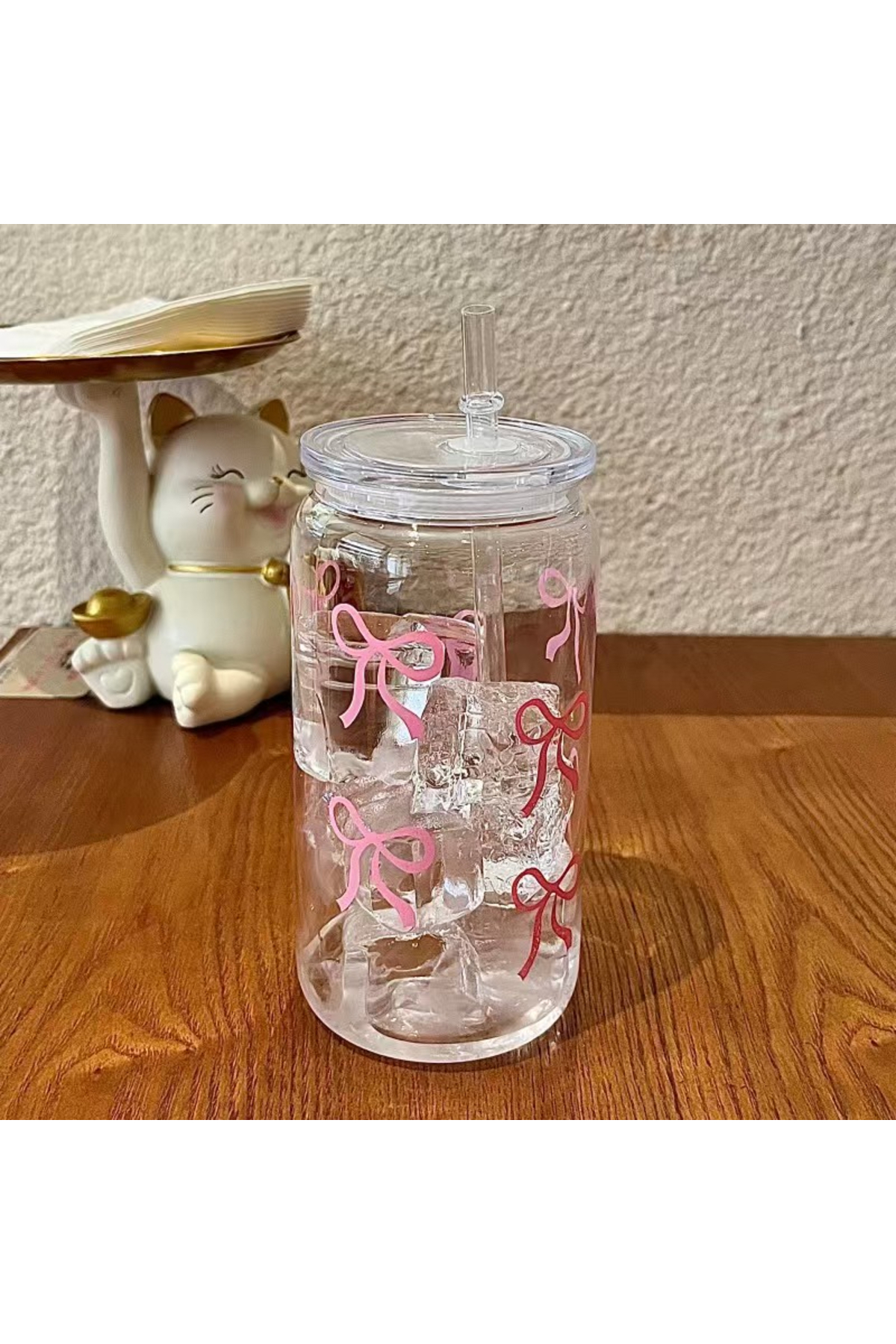 Choice 401-500ml Pink 1 piece bow plastic cup, portable and handy, milk cup