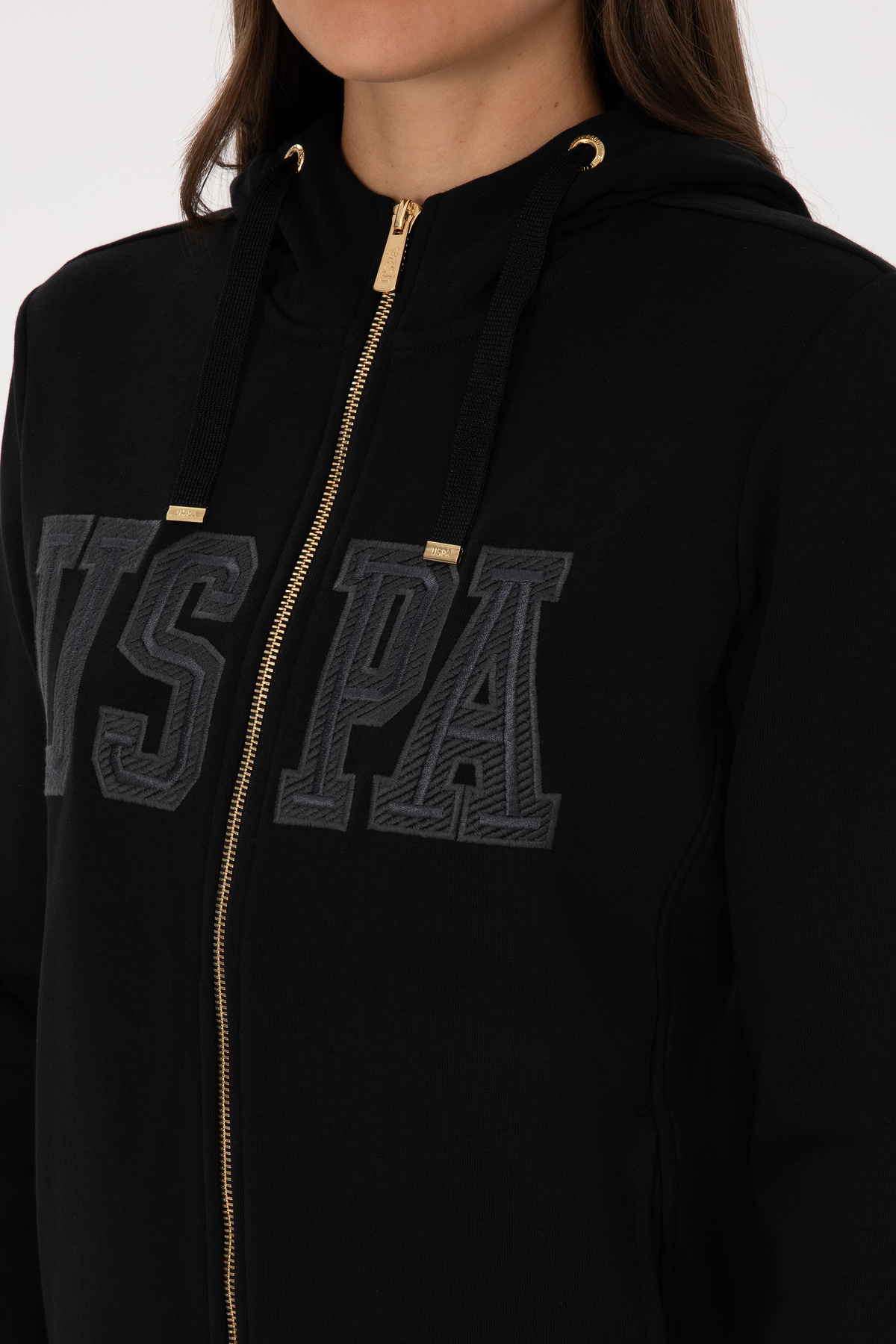 U.S. Polo Assn.  Kadın Siyah Fermuarlı Kapüşonlu Basic Sweatshirt 50307769-VR046 - Görsel 7