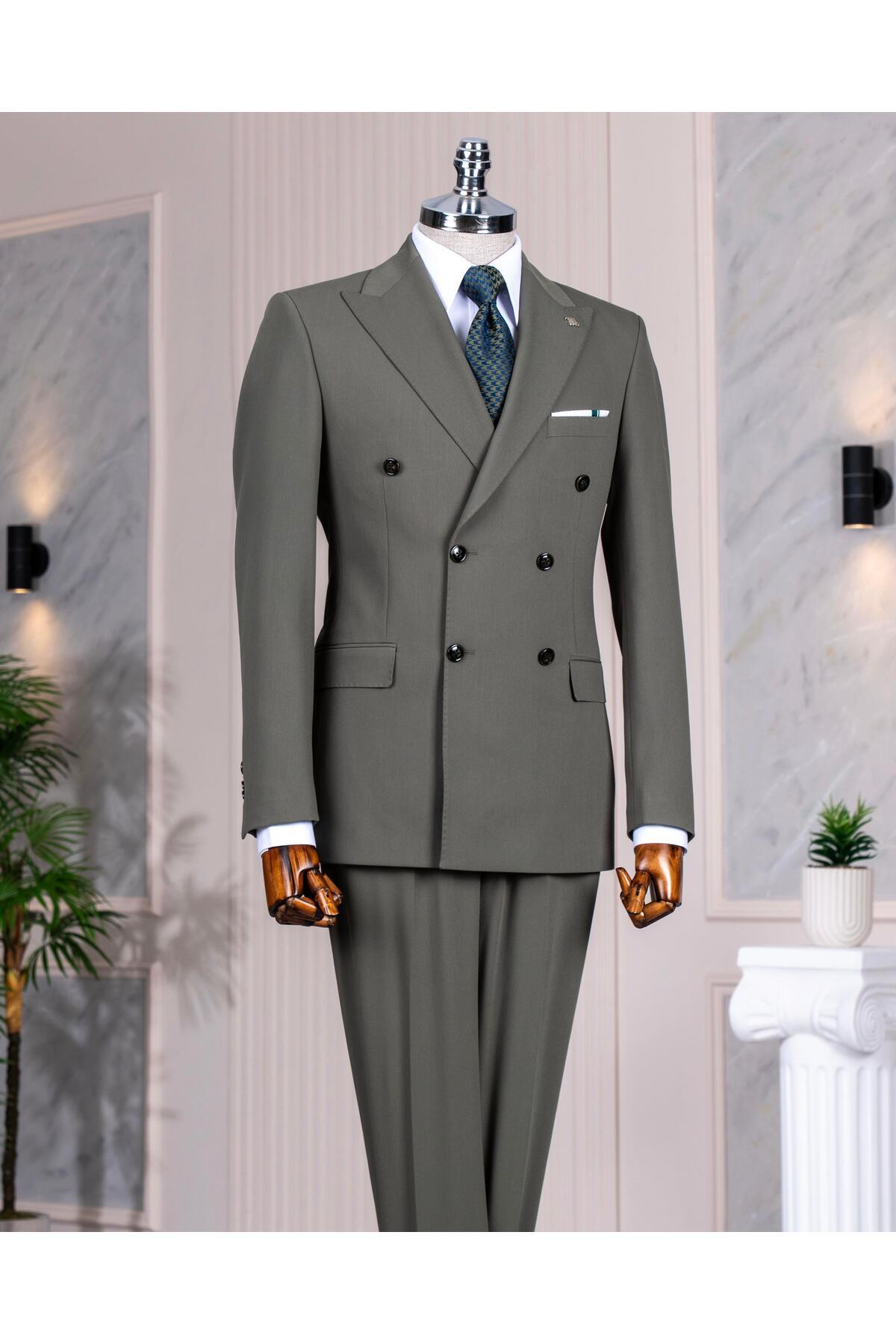TerziAdemAltun Italian Style Double Breasted Jacket Pants Suit Green T14085
