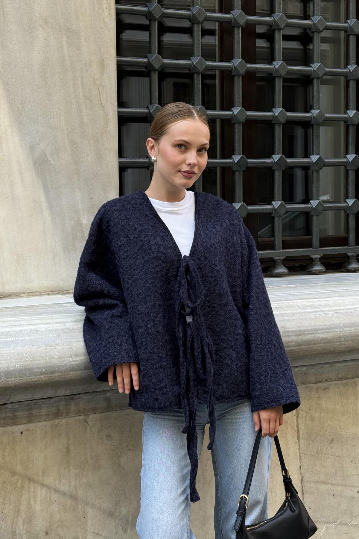 Raneel Kazançlı Alışveriş  Kırçıllı Çift Düğme Bağlamalı Kaşe Ceket Lacivert