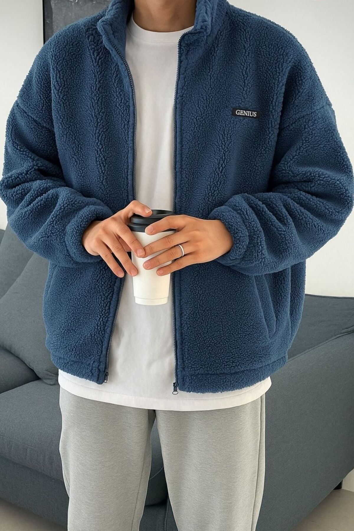 GENIUS STORE Oversize Peluş Tam Fermuarlı Sweatshirt Peluş İçi Polarlı Sherpa Kumaş Sweatshirt