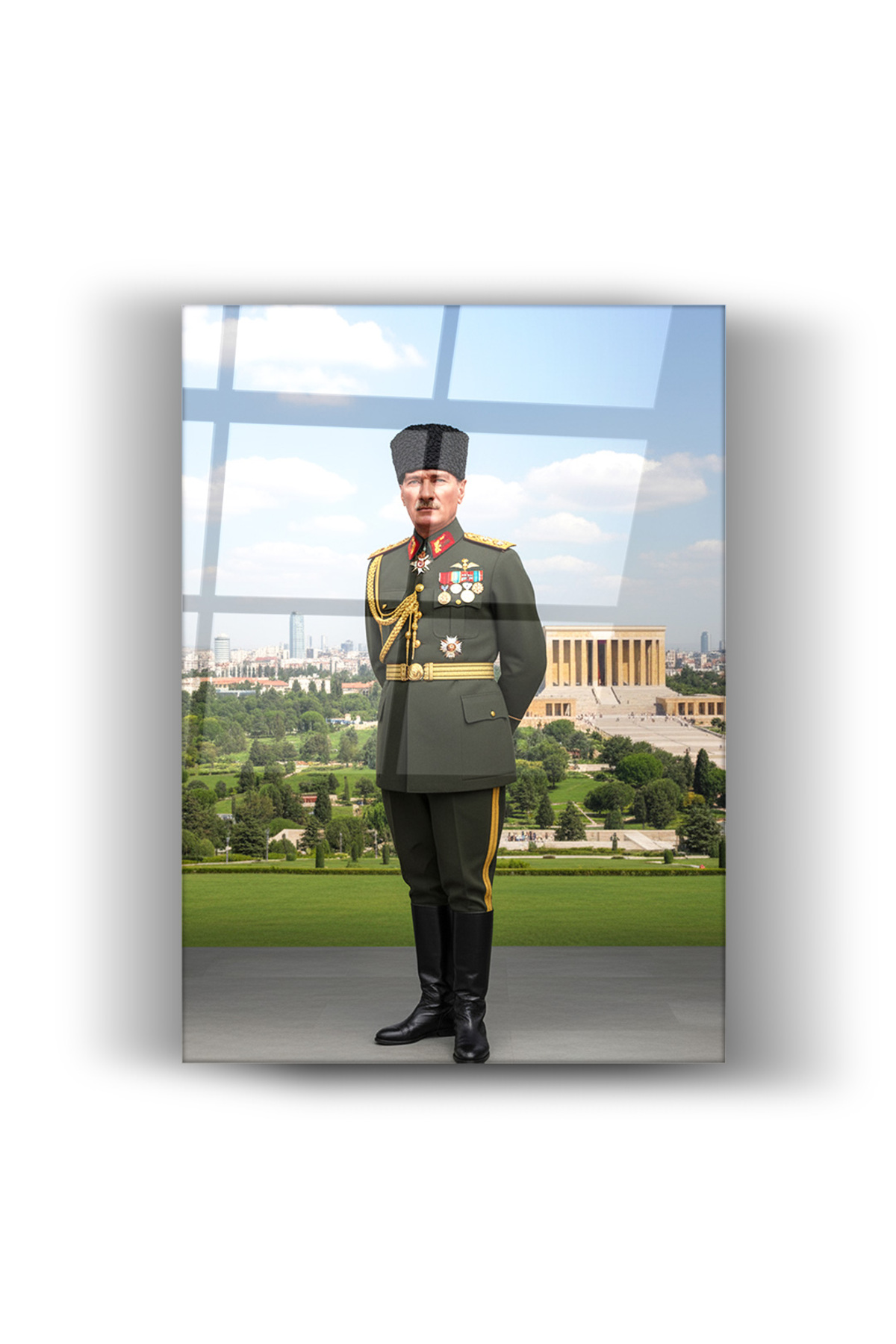 Anıtkabir Manzaralı Askerî Atatürk Portresi-Klasik-Cam Tablo-Ev ve Ofis Dekorasyonu