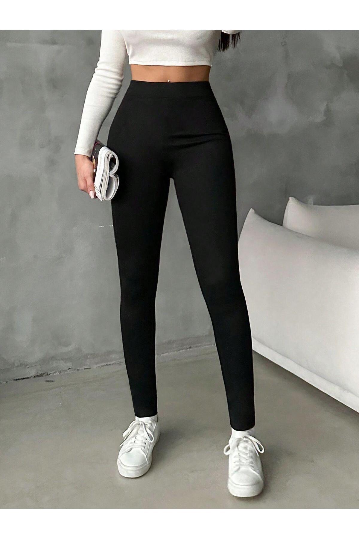 Pulli Collection Черни панталони с висока талия от черна ребриста материя, прилепнали по краката | Чорапогащи