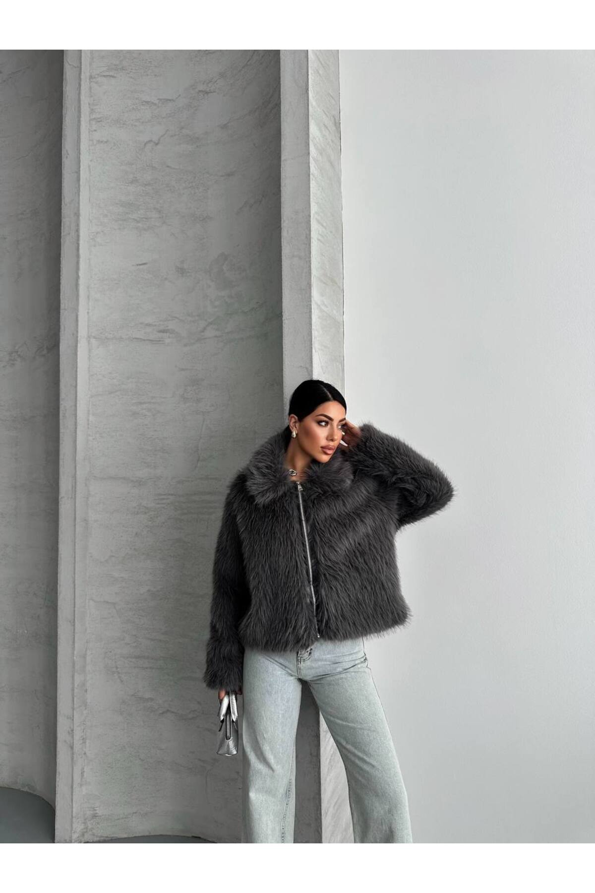 Manteau en fourrure Lolita pour femme, anthracite, avec fermeture éclair et doublure intérieure - Görsel 4