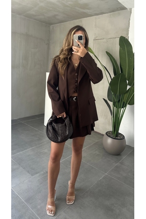 asfamoda Kadın Kahverengi Double Yelek-Etek & Blazer Ceket Üçlü Set Takım