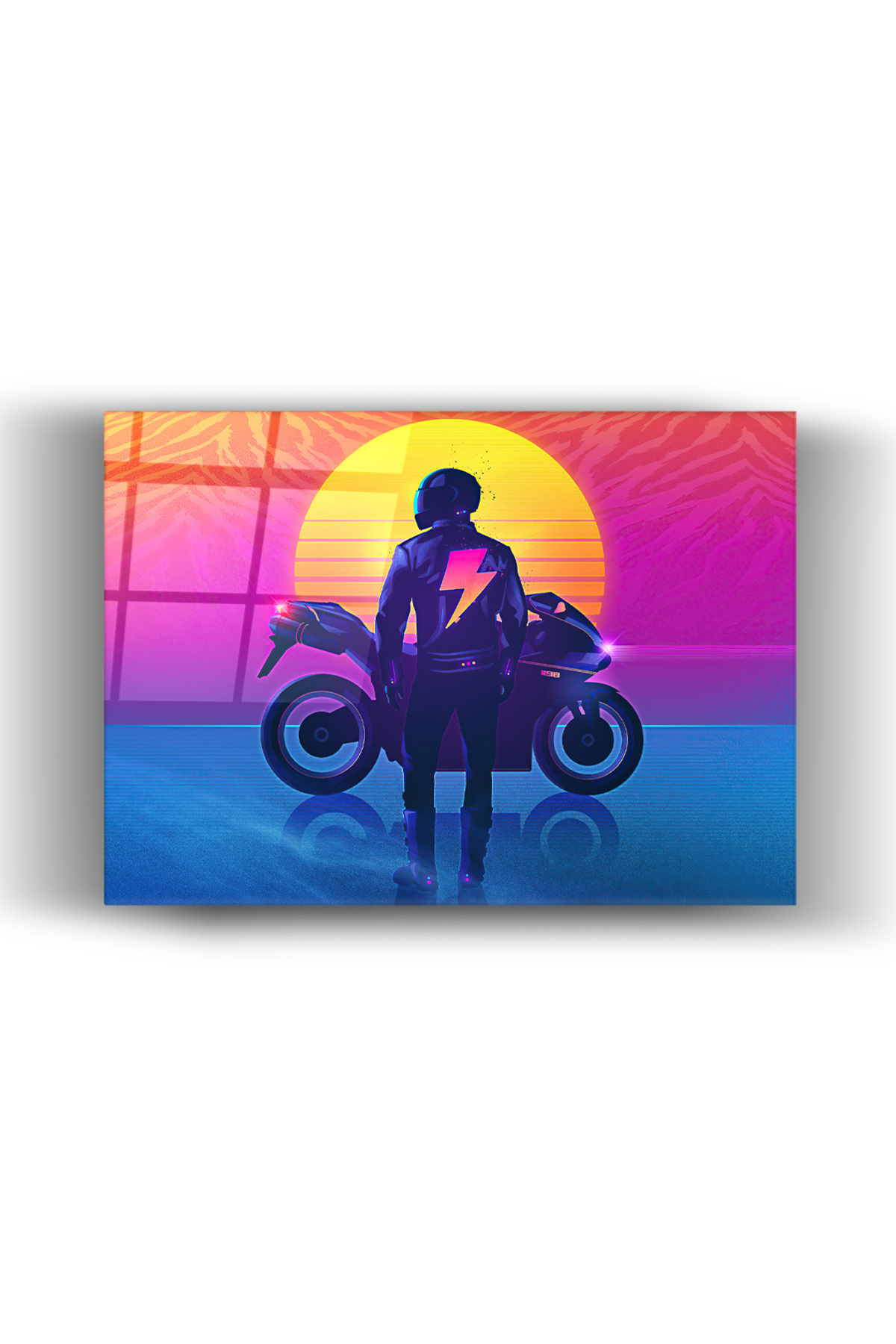Retro Neon Motorcu Cam Tablo Tasarım-Cam Tablo-Ev Ve Ofis Dekorasyon-Sanatsal