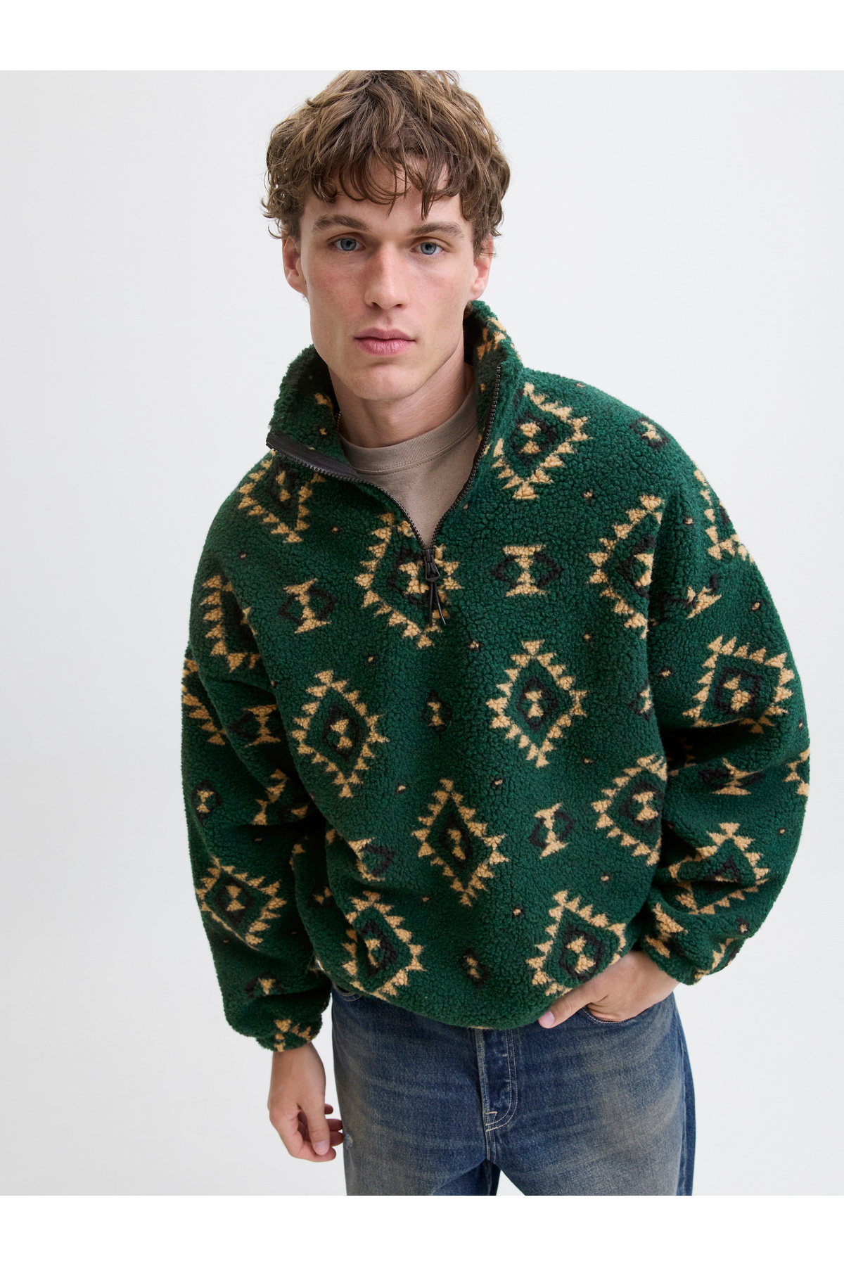 جک اند جونز سویشرت سبز مردانه Jack Jones Joreddie Teddy Half Zip Hn T25 12288981-21
