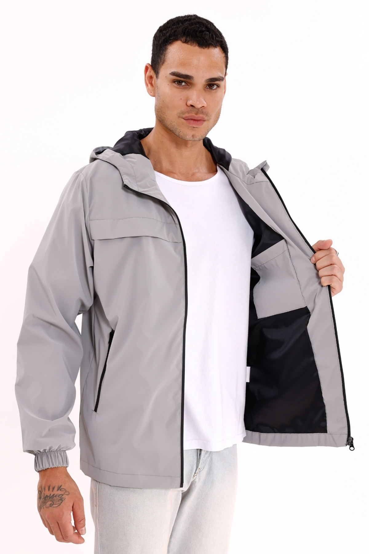 Montland  Erkek Gri Kapüşonlu Nova Kumaş Şık Mevsimlik Su ve Rüzgar Geçirmez Yağmurluk - Görsel 5