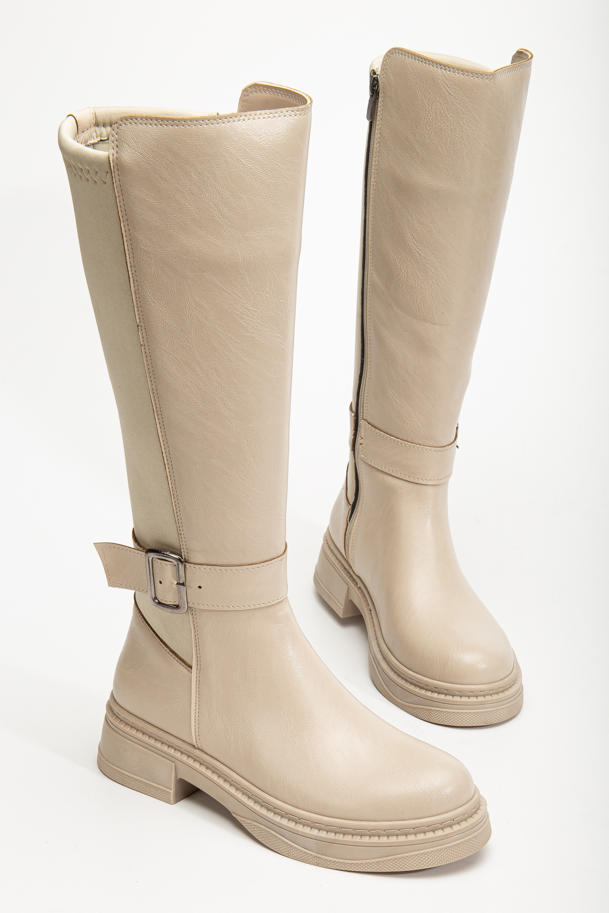 Women's Beige Cream Matte Skin Buckle Detailed Back Stretch Boots
