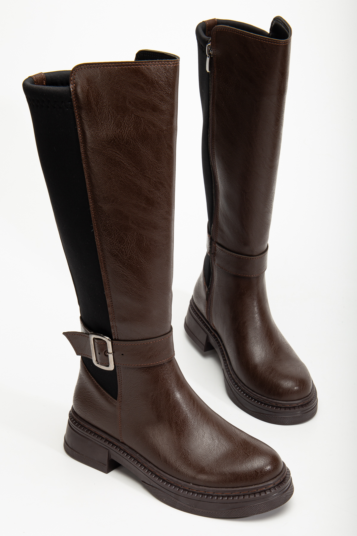 Women's Bitter Coffee Matte Skin Buckle Detailed Back Stretch Boots