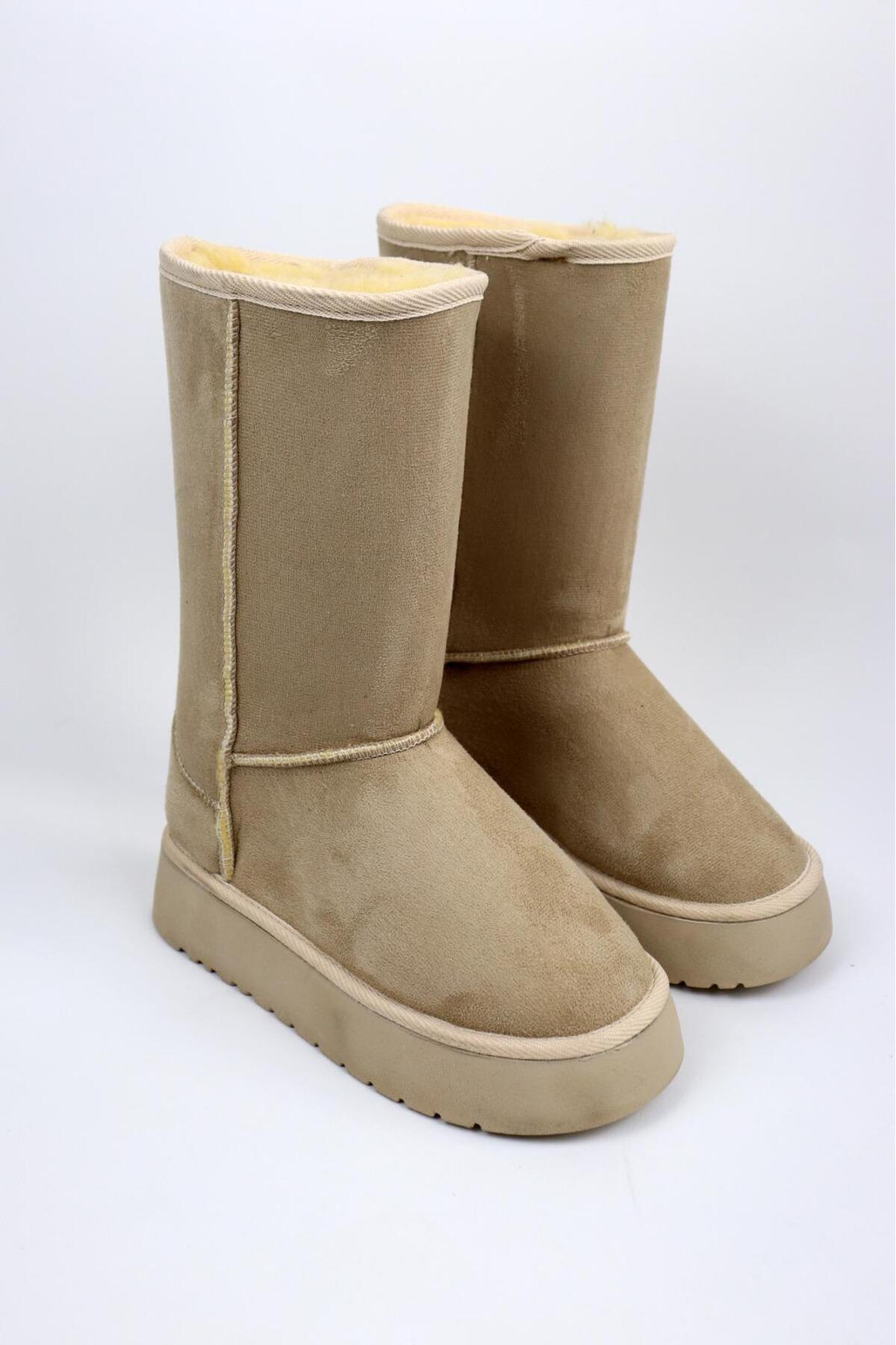 SEDRİK kalın tabanlı yuvarlak burunlu içi kürklü bej süet kışlık çizme bot