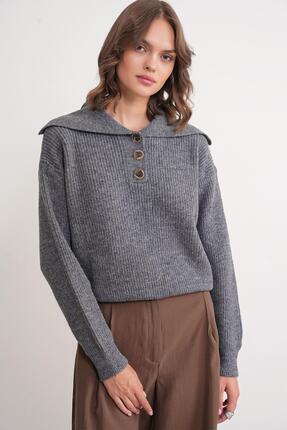 Mixray 6900 Kadın Düğmeli Devrik Yaka Triko Kazak Antrasit