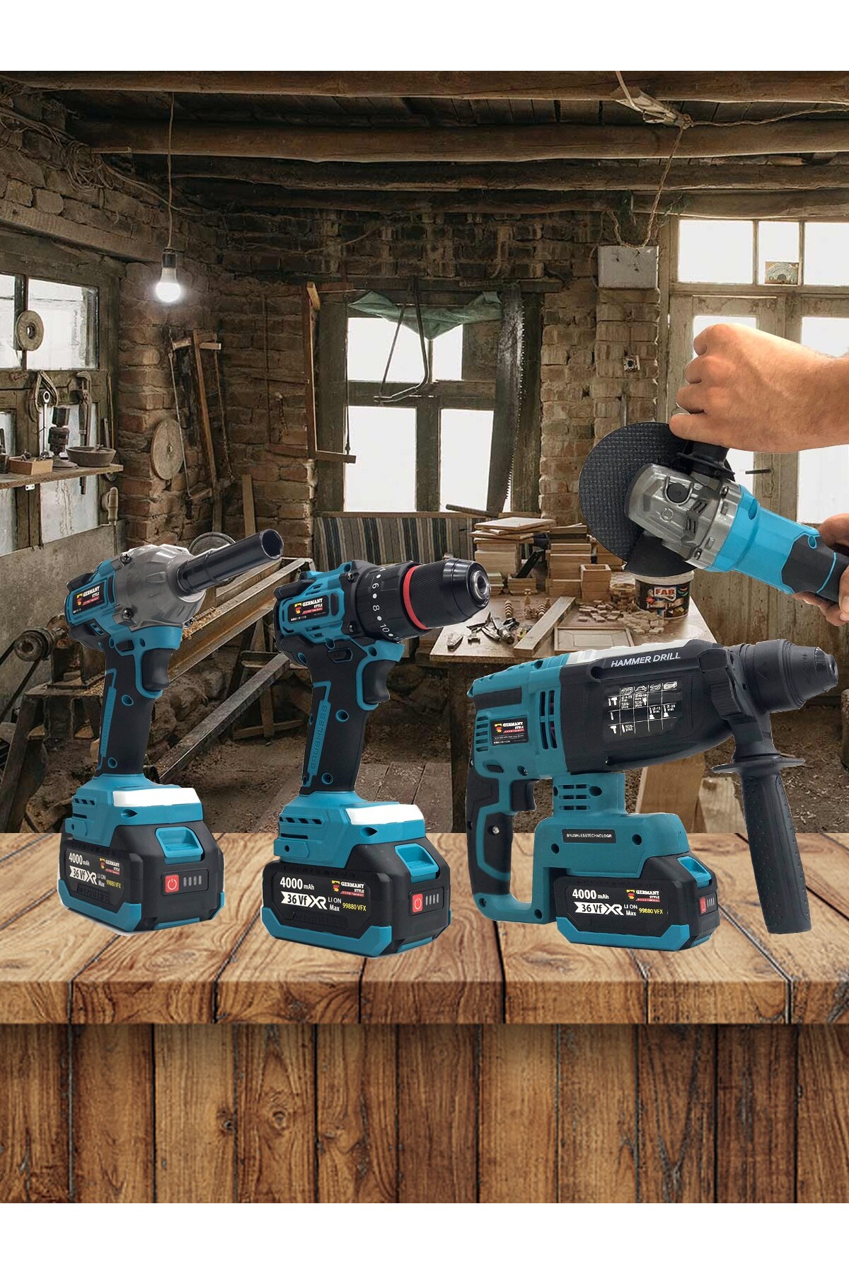 Germany Style Kömürsüz 7'li Set Teleskopik Kırıcı-Matkap-Budama