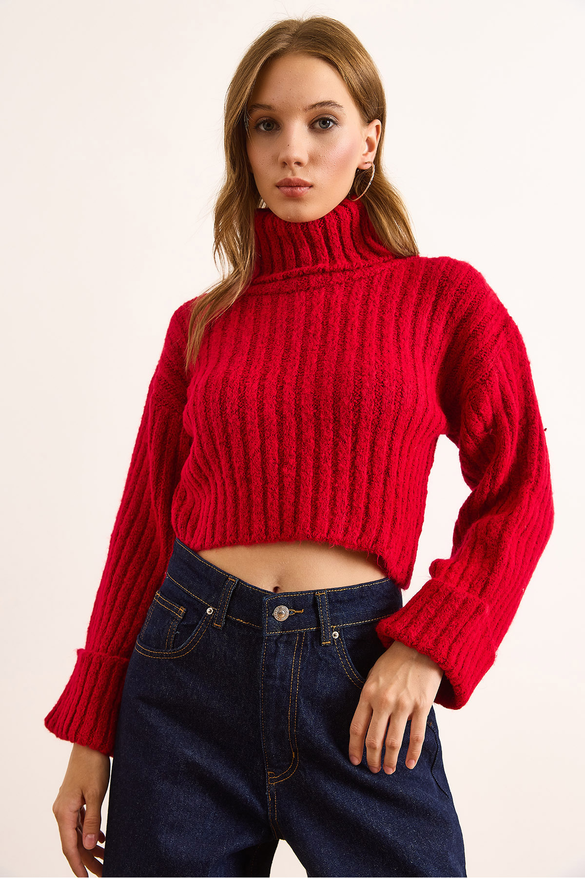 Olalook Women's Red Turtleneck Soft Textured Ribbed Crop Sweater