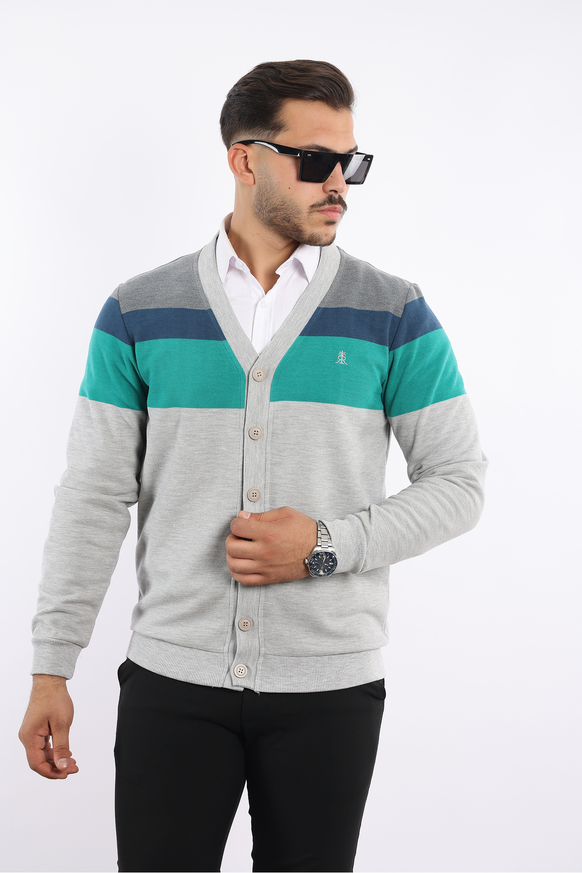 ژاکت کش باف پشمی، سالونیک بافته شده، کیفیت ممتاز، دکمه دار — خاکستری 22kh816 — تصویر 2 از 6
