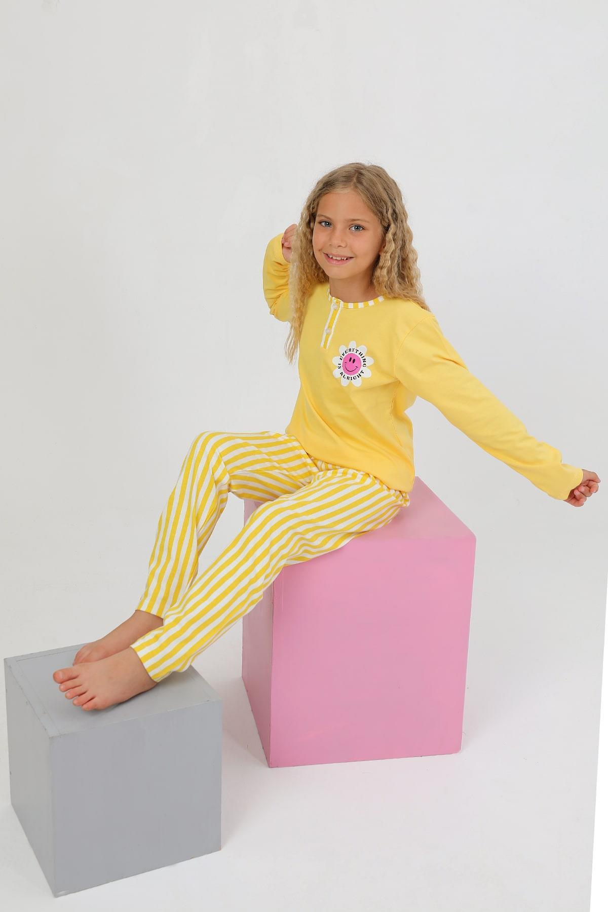 vitmo Kız Çocuk Uzun Kollu %100 Pamuklu Düğme Detaylı Pijama Takımı Alright fotoğrafı 3 (önizleme)