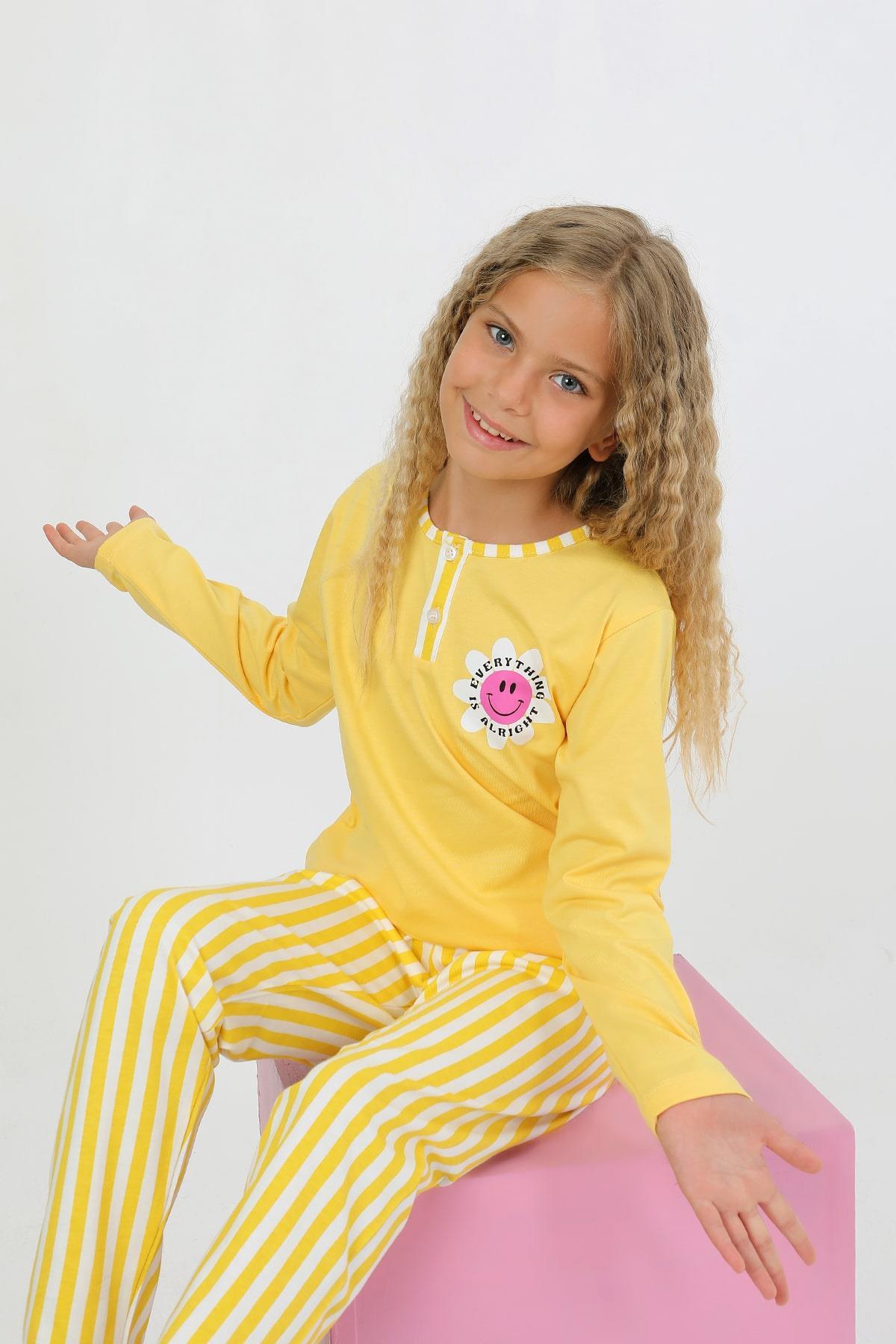 vitmo Kız Çocuk Uzun Kollu %100 Pamuklu Düğme Detaylı Pijama Takımı Alright fotoğrafı 2 (önizleme)