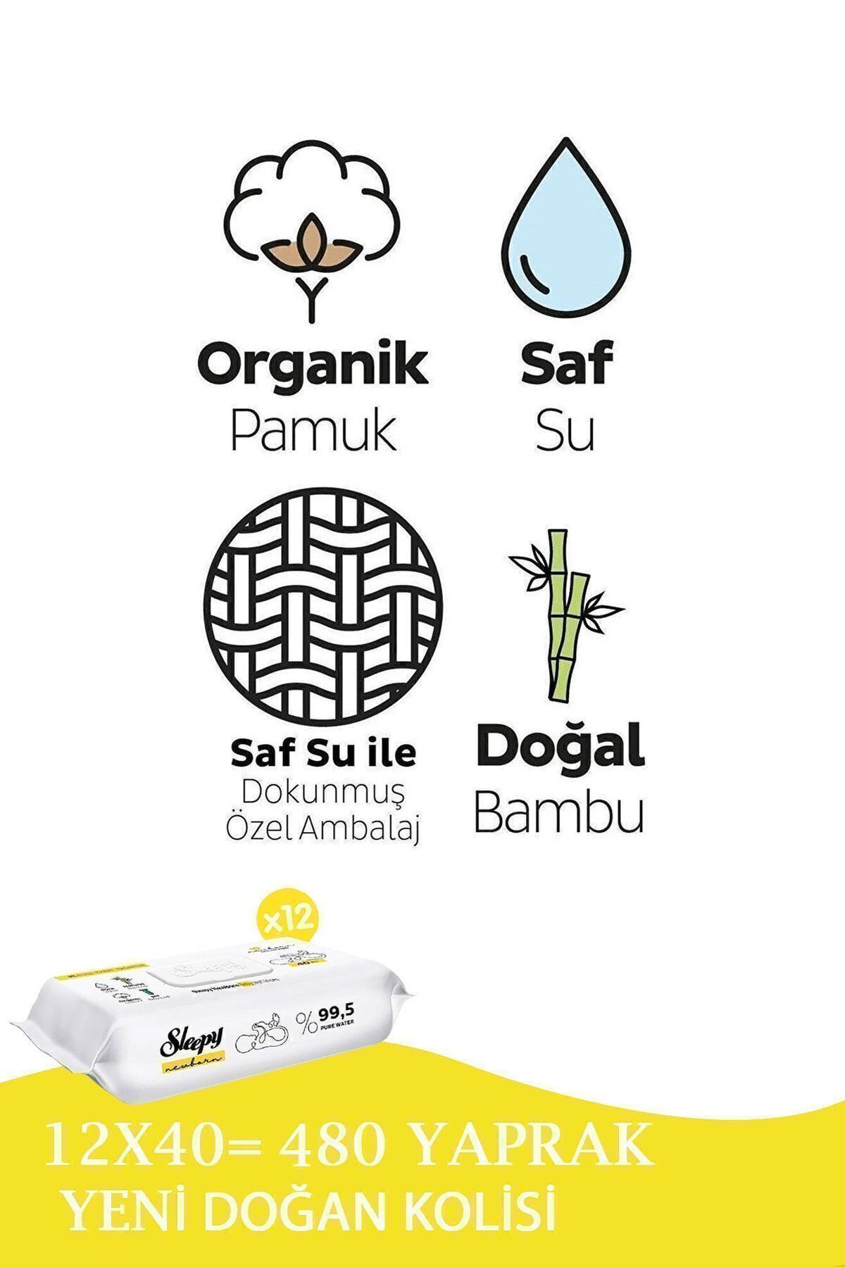 Sleepy Yenidoğan Newborn Islak Mendil 12x40lı (480 YAPRAK) fotoğrafı 2 (önizleme)