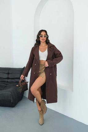 Mode Roy Kahverengi Trençkot Tek Düğmeli Çentikli Yakalı
