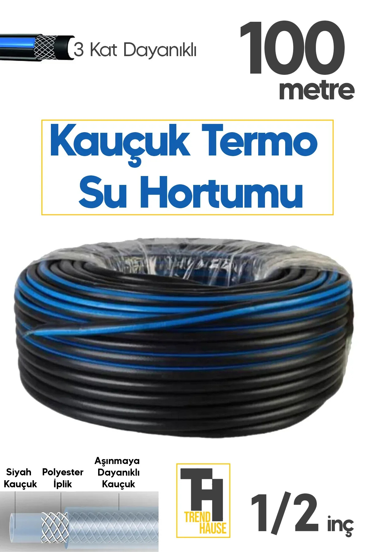 Toptancı Amca Termo Kauçuklu Bahçe Hortumu 100 Metre Dayanıklı 3 Katlı Sağlam Su Sulama Yıkama Hortum 12.5 mm
