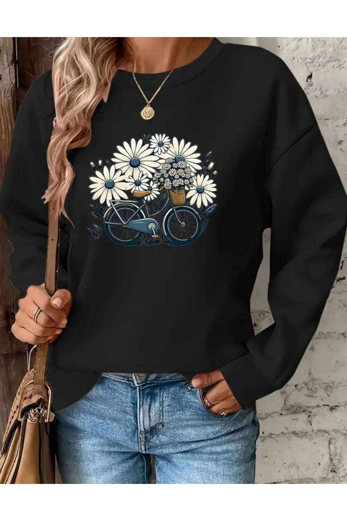 herkesemoda Printed Crew Neck Fleece Sweatshirt