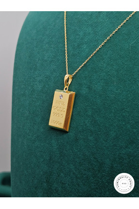 Luminosity Graft 925 Ayar Gümüş 22K Altın Kaplama Zincirli Külçe Kolye Zirkon...