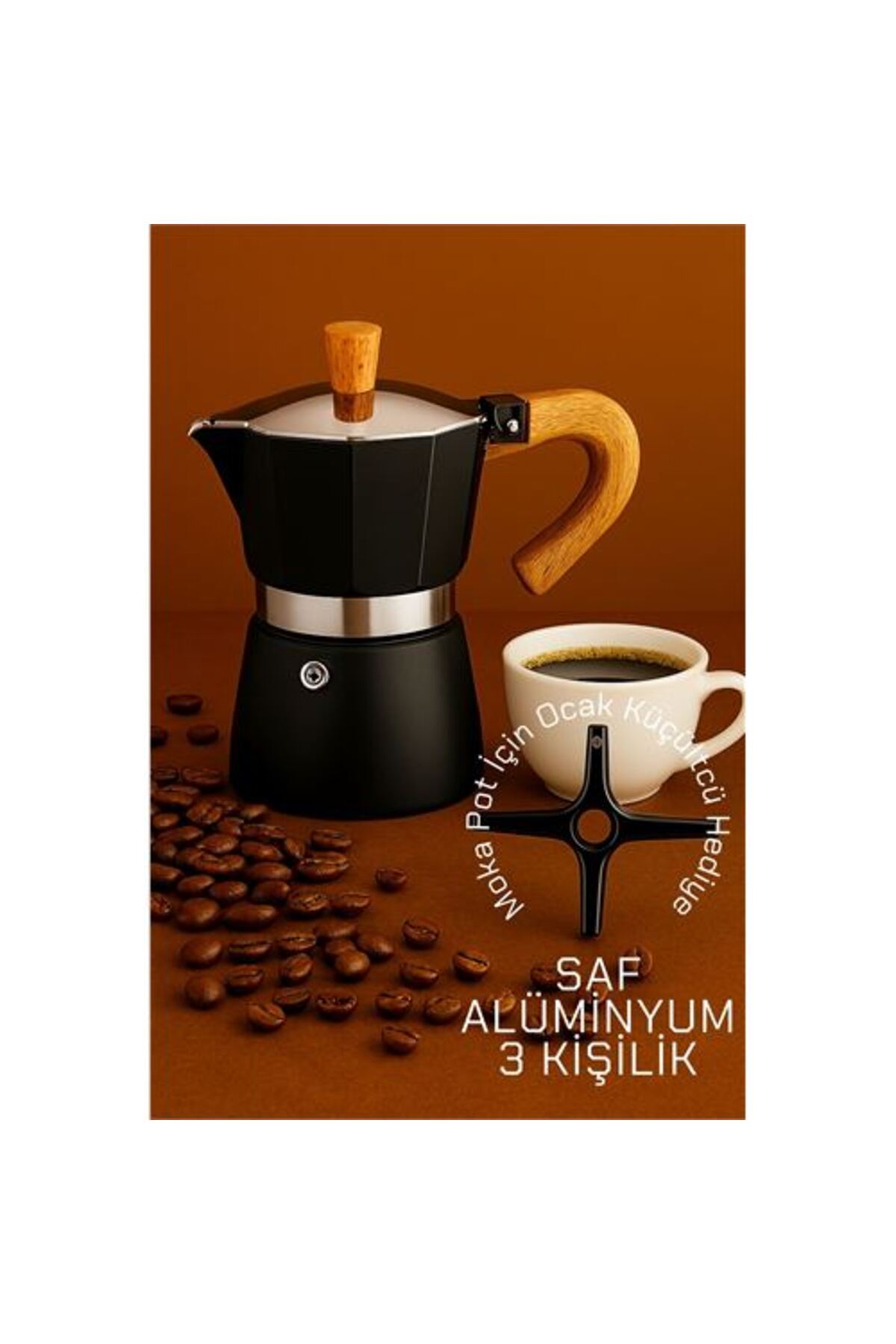 ModaCar HVT Italyan Moka Pot - 6061 Saf Alüminyum Ahşap Saplı - 3 kişilik SİYAH