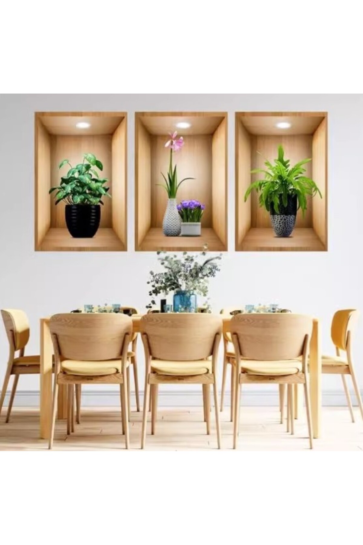 ست برچسب دیواری گلدان گل سه‌بعدی نسِی‌ورلد، مجموعه ۳ عددی، پس‌زمینه قهوه‌ای