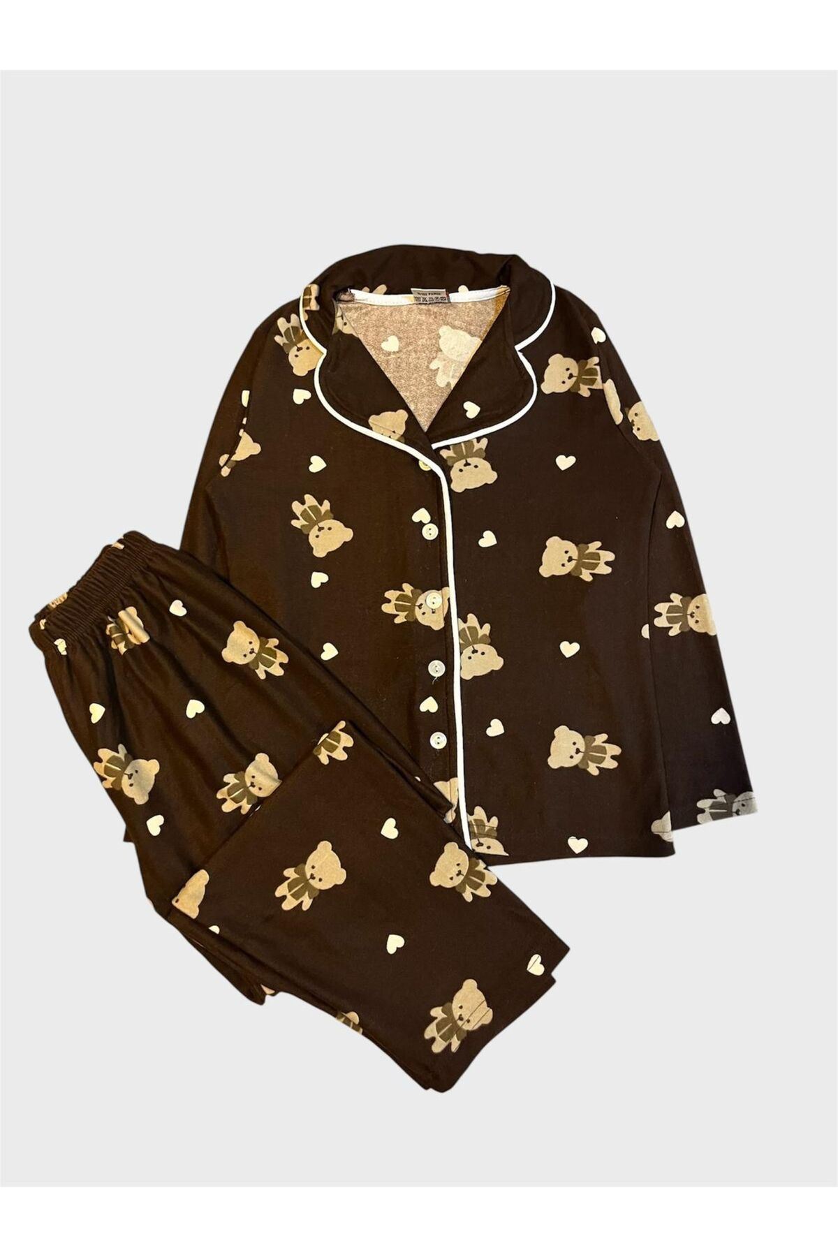ALİŞ KİDS Anne - Kız Pamuklu Süet Kumaş Kahverengi Ayıcık Desenli Gömlek Yaka Düğmeli Pijama Takımı fotoğrafı 2 (önizleme)