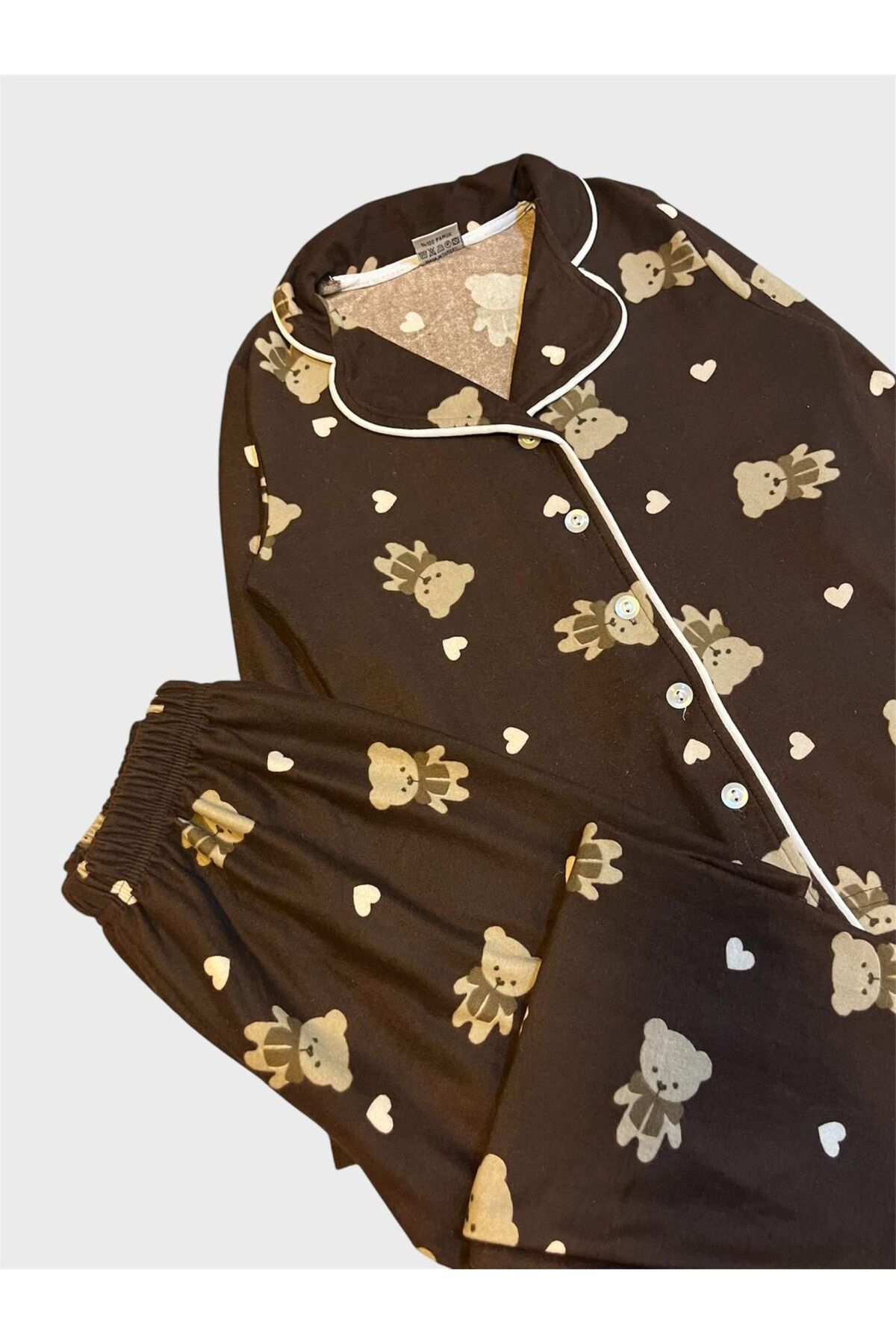 ALİŞ KİDS Anne - Kız Pamuklu Süet Kumaş Kahverengi Ayıcık Desenli Gömlek Yaka Düğmeli Pijama Takımı fotoğrafı 3 (önizleme)