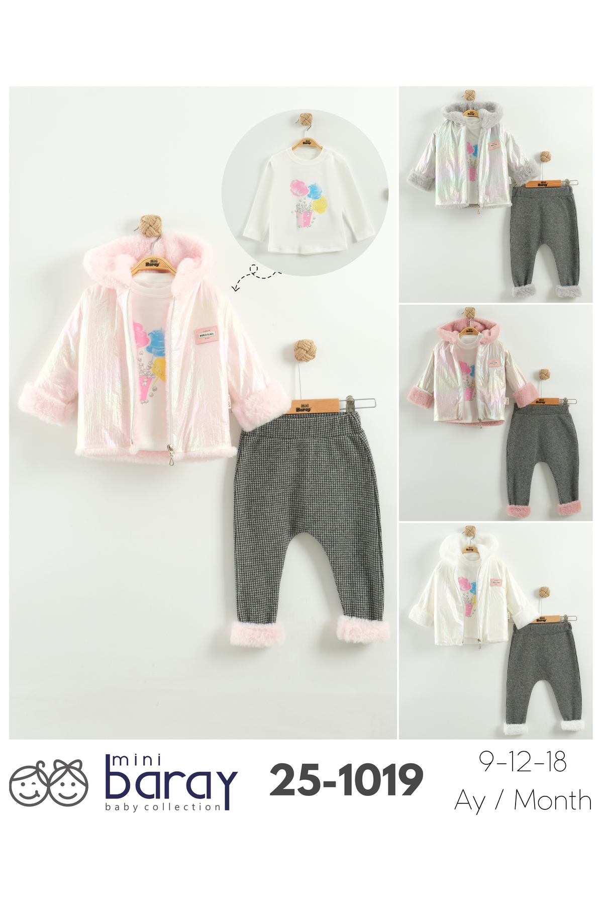 Mini Baray Kız Bebek Baskılı Sweatshirt, Pantolon ve Ceket 3'lü Takım (9-12-18 Ay) fotoğrafı 6 (önizleme)