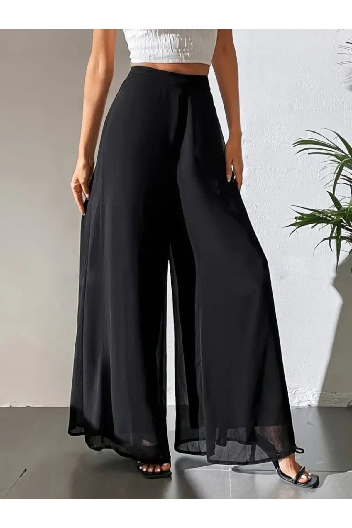 Sisa Butik  Kadın Yüksek Bel Geniş Paçalı şifon Pantolon - Görsel 2