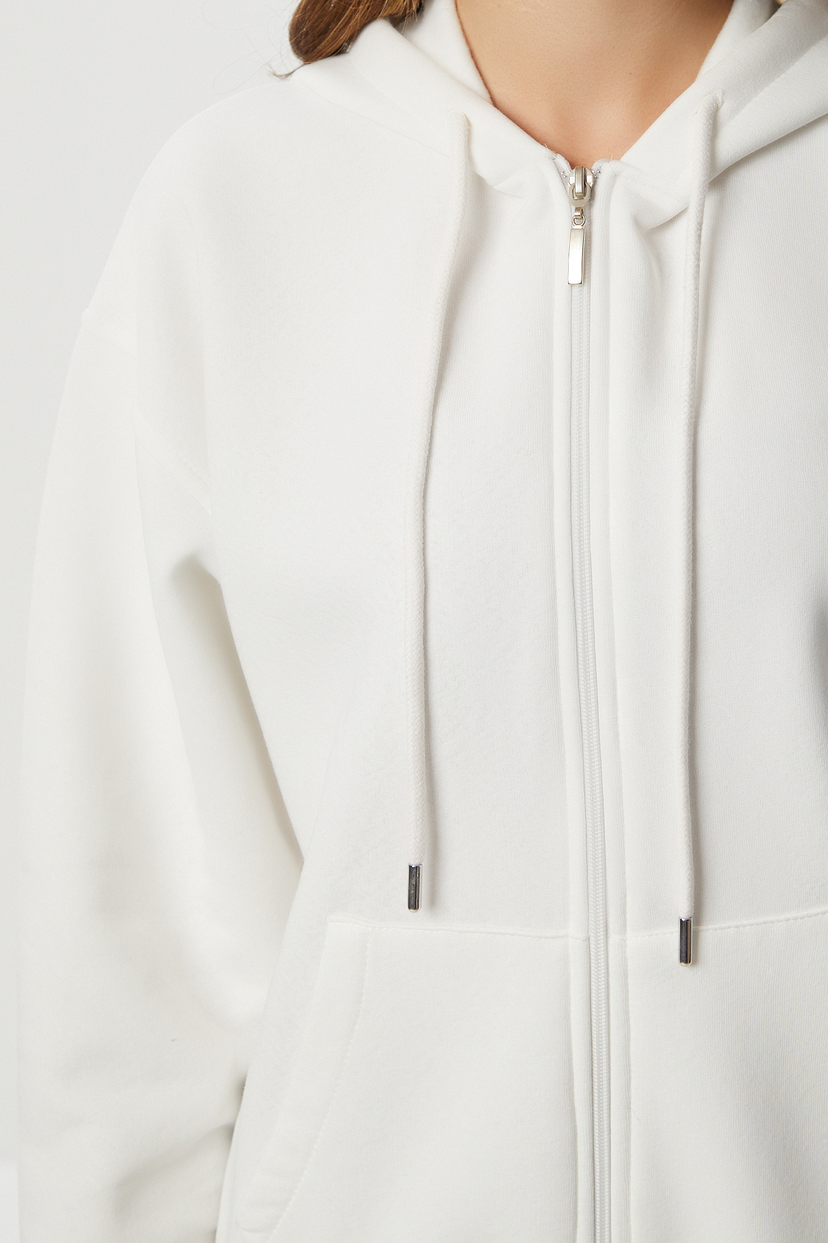 Lovelyİstanbul  Kapüşonlu Fermuarlı Oversize Şardonlu Örme Sweatshirt LCR0098 EKRU - Görsel 4