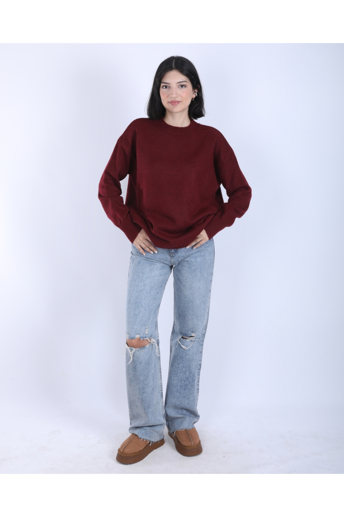 Kadın Bordo Bisiklet Yaka Oversize Salaş Triko kazak