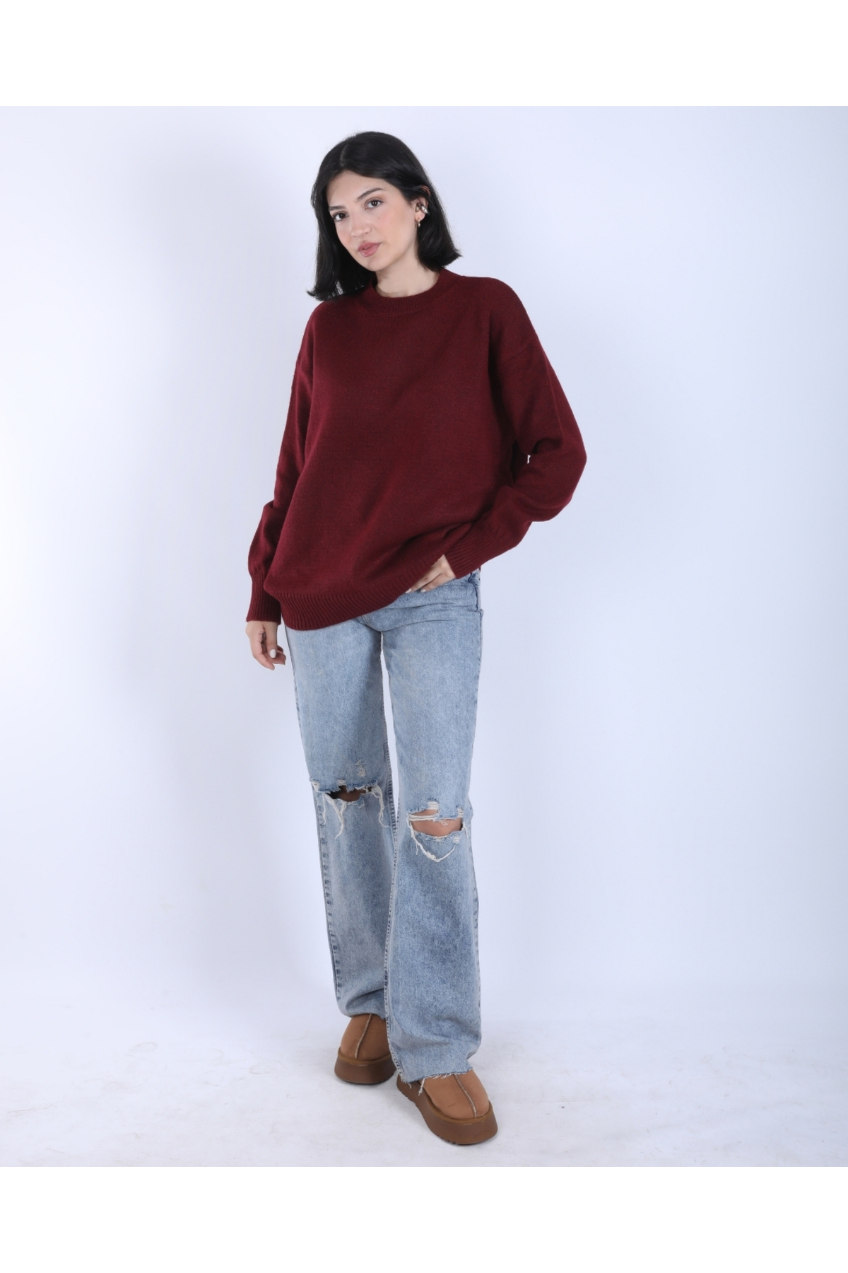 Kadın Bordo Bisiklet Yaka Oversize Salaş Triko kazak