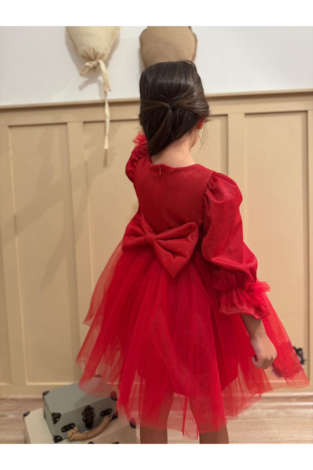 penu baby kids Kırmızı Pırıltı Kumaş Altı Tül Etekli Pamuk Astarlı Fiyonklu Uzun Kol Kız Çocuk Kız Bebek Elbise fotoğrafı 3 (önizleme)