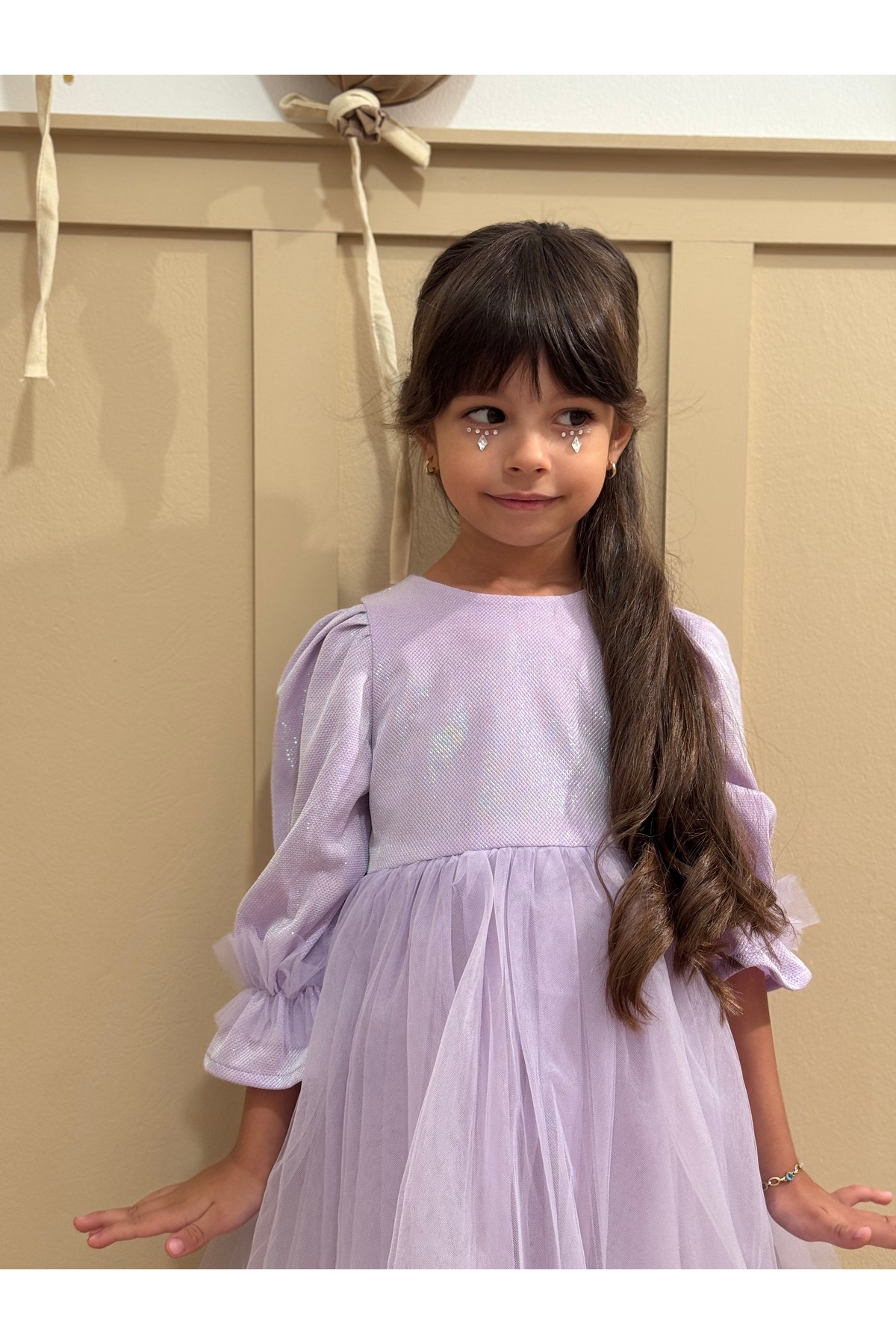 penu baby kids Lila Pırıltı Kumaş Altı Tül Etekli Pamuk Astarlı Fiyonklu Uzun Kol Kız Çocuk Kız Bebek Elbise fotoğrafı 3 (önizleme)